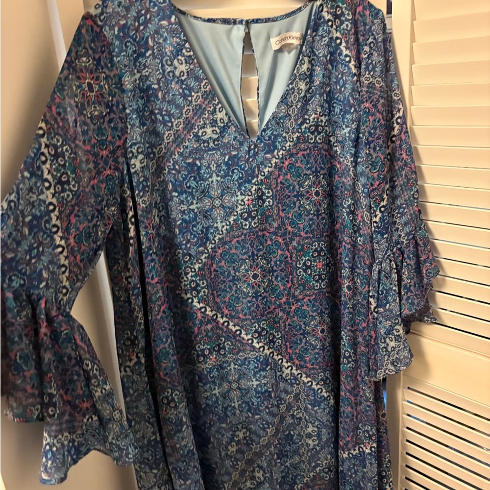 Calvin Klein Plus Size Blue & Purple Paisley Flowy Sleeves Dress